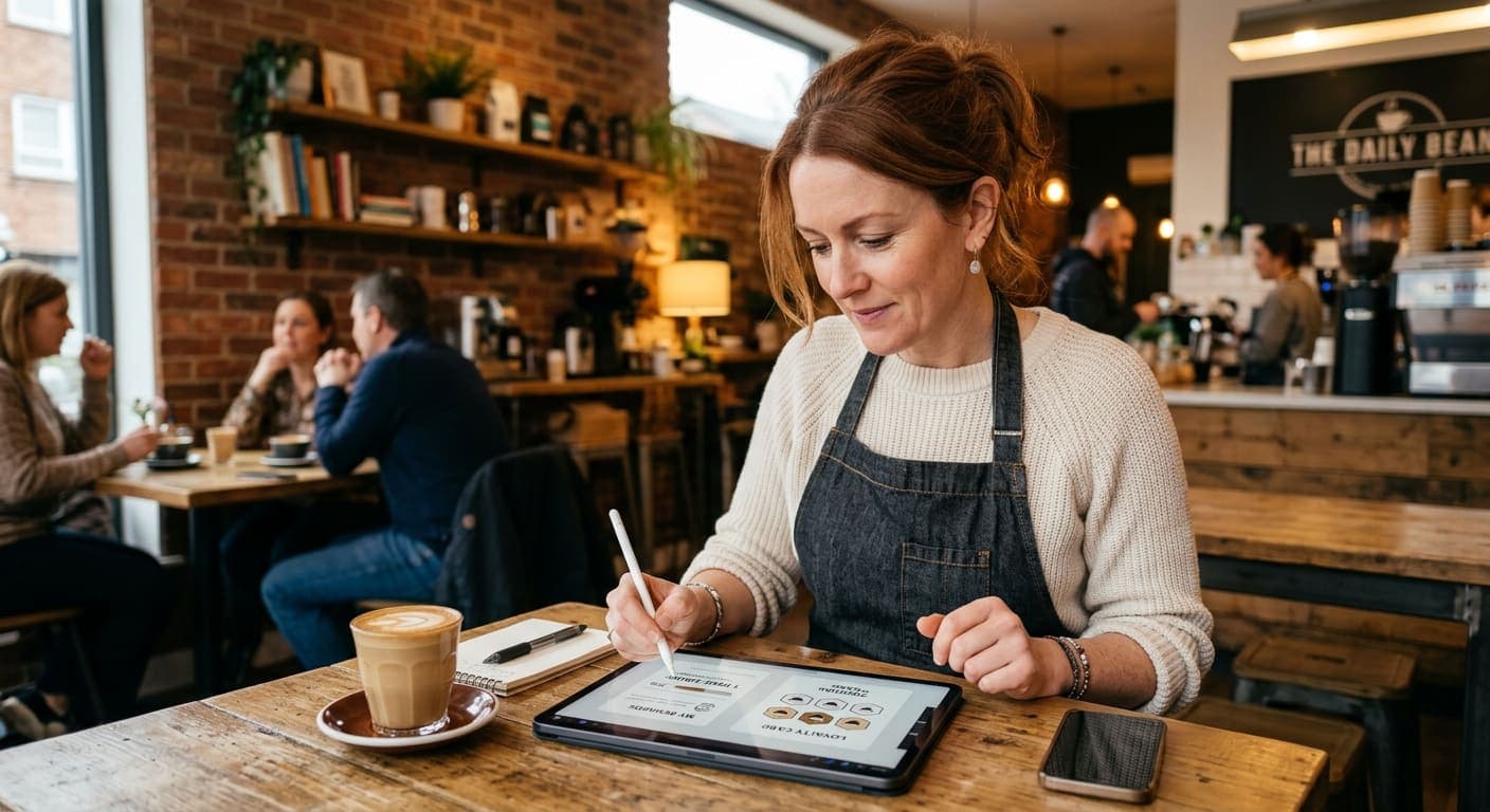 Small business owner setting up a free digital loyalty stamp card on Tatako