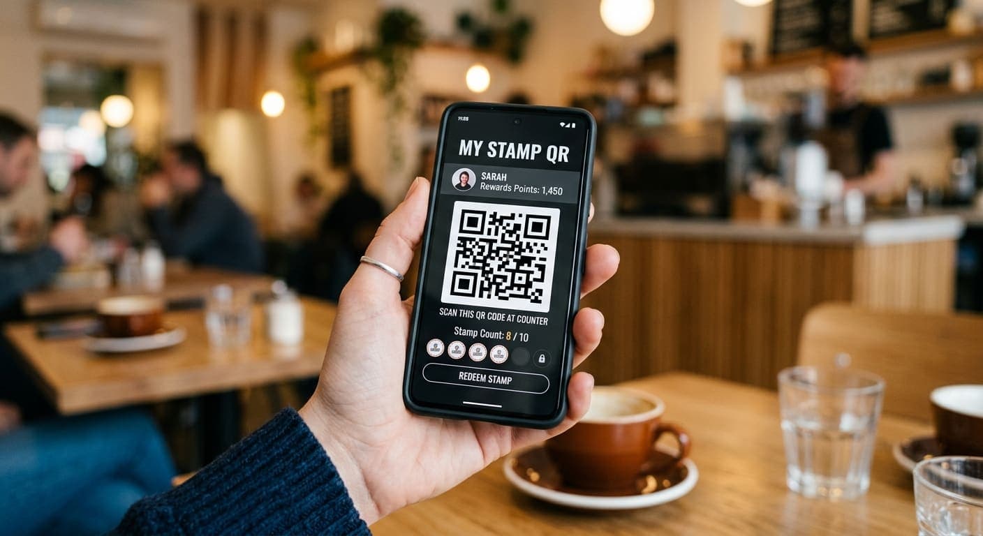 Customer earning a digital stamp at a cafe counter using Tatako loyalty card