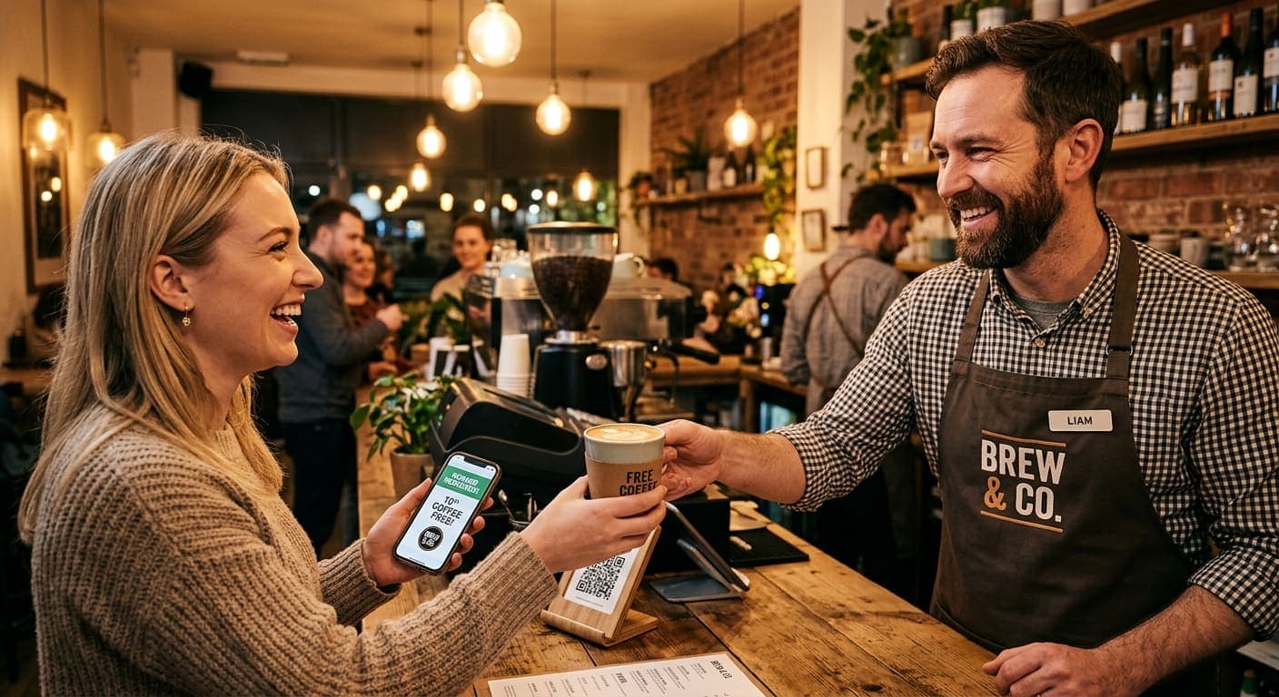Customer redeeming a free reward from a digital loyalty stamp card