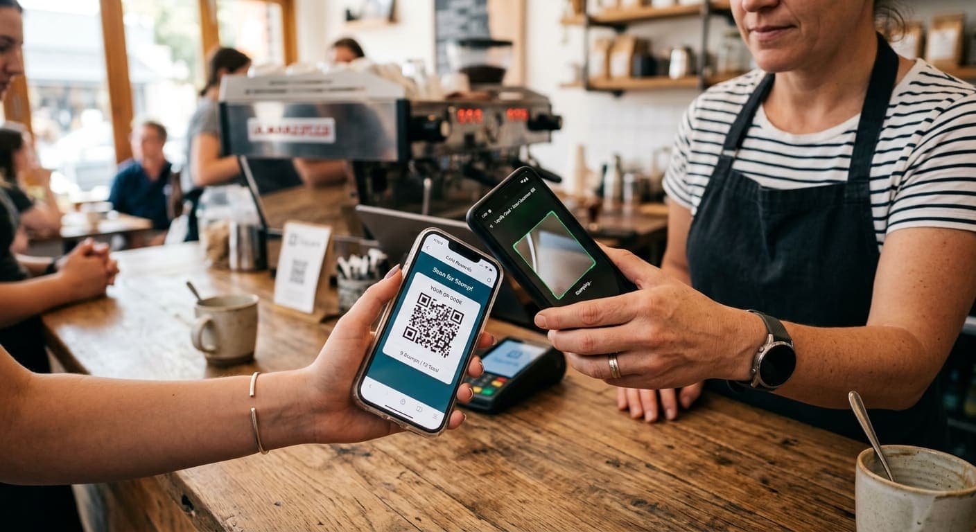Merchant scanning QR code to give a digital stamp on loyalty card